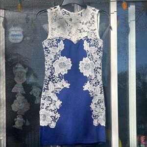 VENUS Blue and White Floral Lace Mini Dress